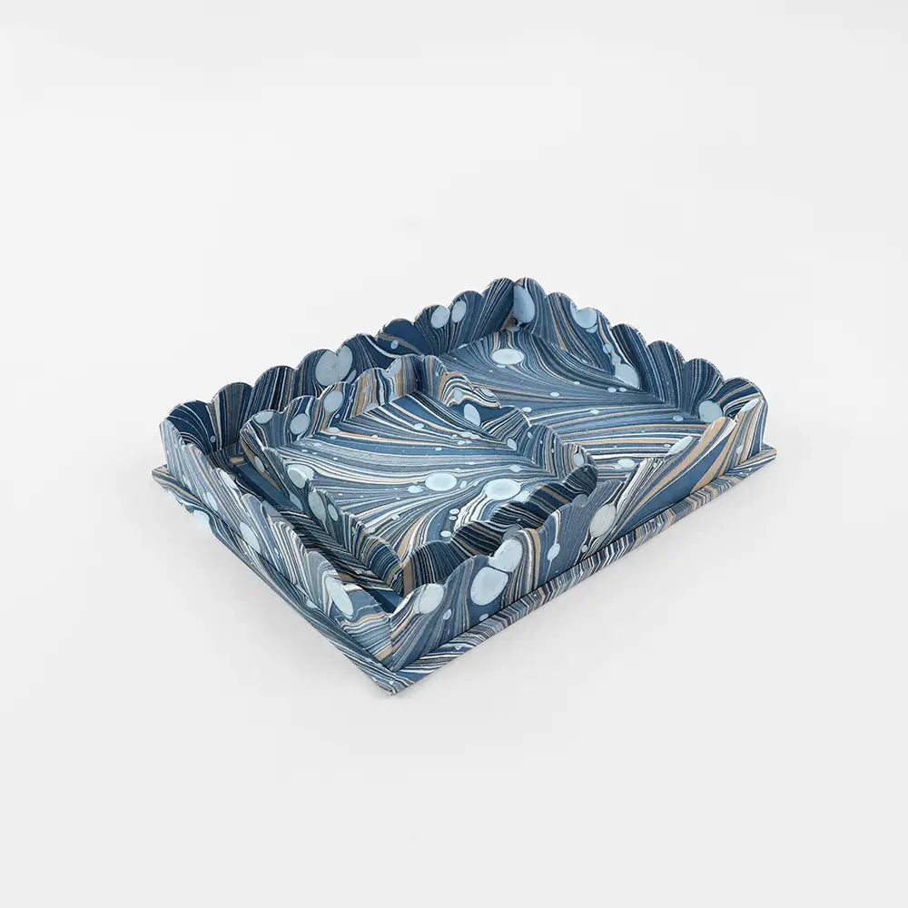 Blue Marbled Rectangular Tray Set