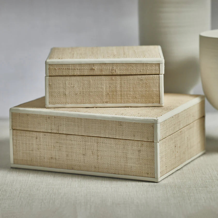 Raffia Boxes with Cream Leather Trim