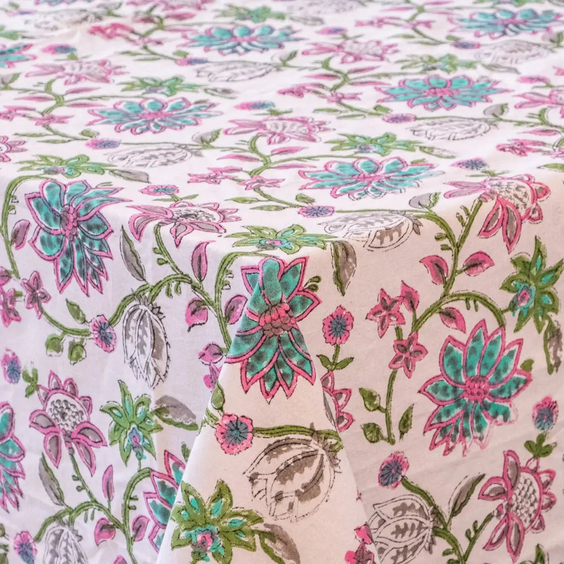 Petunia Teal Block Print Tablecloth