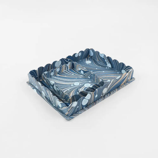 Blue Marbled Rectangular Tray Set