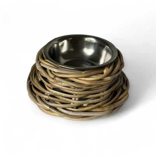 Rattan Pet Bowl with Stainless Steel Bowl-Mediu,