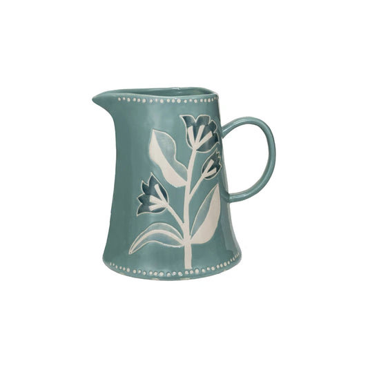 Teal Painted Floral Pitcher